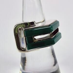 Vintage MCM Brutalist Sterling Silver and Chrysoprase Statement Ring Size 6.5